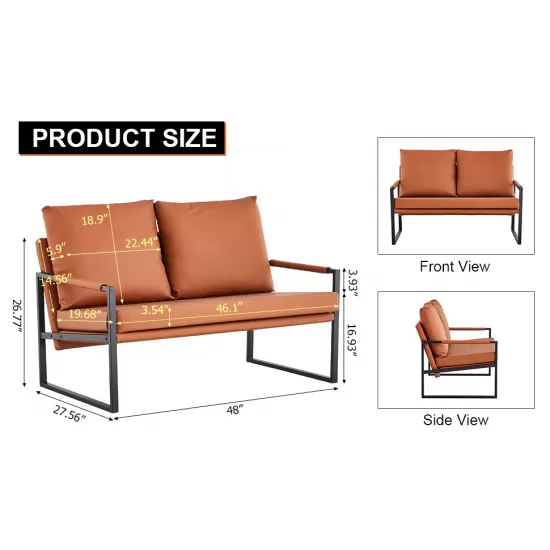Modern Two-Seater Sofa Chair with 2 Pillows - PU Leather, High-Density Foam, Black Coated Metal Frame.Brown SF-D008 Modern Two-Seater Sofa Chair with 2 Pillows - PU Leather, High-Density Foam, Black Coated Metal Frame.Brown SF-D008