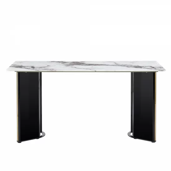 Modern minimalist rectangular dining table, white imitation marble tabletop, MDF table legs with gold metal decorative strips. Suitable for restaurant and living room F-HH Modern minimalist rectangular dining table, white imitation marble tabletop, MDF table legs with gold metal decorative strips. Suitable for restaurant and living room F-HH