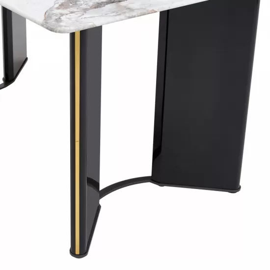 Modern minimalist rectangular dining table, white imitation marble tabletop, MDF table legs with gold metal decorative strips. Suitable for restaurant and living room F-HH Modern minimalist rectangular dining table, white imitation marble tabletop, MDF table legs with gold metal decorative strips. Suitable for restaurant and living room F-HH