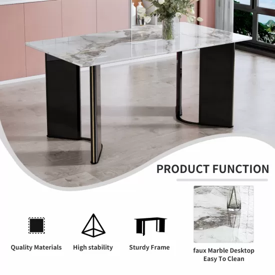 Modern minimalist rectangular dining table, white imitation marble tabletop, MDF table legs with gold metal decorative strips. Suitable for restaurant and living room F-HH Modern minimalist rectangular dining table, white imitation marble tabletop, MDF table legs with gold metal decorative strips. Suitable for restaurant and living room F-HH