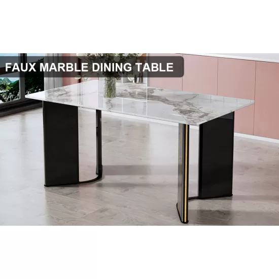 Modern minimalist rectangular dining table, white imitation marble tabletop, MDF table legs with gold metal decorative strips. Suitable for restaurant and living room F-HH Modern minimalist rectangular dining table, white imitation marble tabletop, MDF table legs with gold metal decorative strips. Suitable for restaurant and living room F-HH