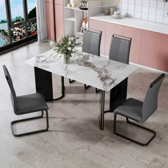 Modern minimalist rectangular dining table, white imitation marble tabletop, MDF table legs with gold metal decorative strips. Suitable for restaurant and living room F-HH Modern minimalist rectangular dining table, white imitation marble tabletop, MDF table legs with gold metal decorative strips. Suitable for restaurant and living room F-HH