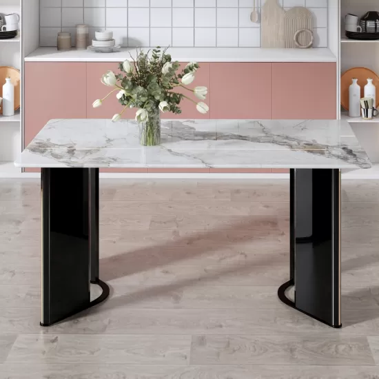 Modern minimalist rectangular dining table, white imitation marble tabletop, MDF table legs with gold metal decorative strips. Suitable for restaurant and living room F-HH Modern minimalist rectangular dining table, white imitation marble tabletop, MDF table legs with gold metal decorative strips. Suitable for restaurant and living room F-HH