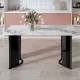 Modern minimalist rectangular dining table, white imitation marble tabletop, MDF table legs with gold metal decorative strips. Suitable for restaurant and living room F-HH Modern minimalist rectangular dining table, white imitation marble tabletop, MDF table legs with gold metal decorative strips. Suitable for restaurant and living room F-HH