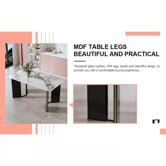Modern minimalist rectangular dining table, white imitation marble tabletop, MDF table legs with gold metal decorative strips. Suitable for restaurant and living room F-HH Modern minimalist rectangular dining table, white imitation marble tabletop, MDF table legs with gold metal decorative strips. Suitable for restaurant and living room F-HH