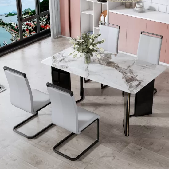 Modern minimalist rectangular dining table, white imitation marble tabletop, MDF table legs with gold metal decorative strips. Suitable for restaurant and living room F-HH Modern minimalist rectangular dining table, white imitation marble tabletop, MDF table legs with gold metal decorative strips. Suitable for restaurant and living room F-HH