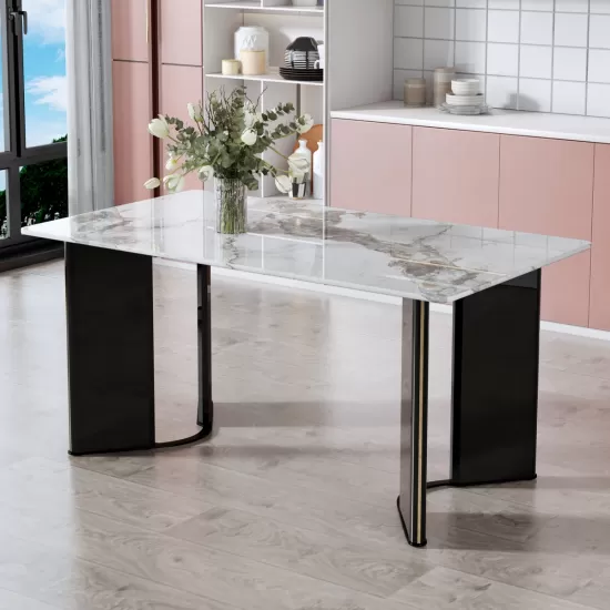 Modern minimalist rectangular dining table, white imitation marble tabletop, MDF table legs with gold metal decorative strips. Suitable for restaurant and living room F-HH Modern minimalist rectangular dining table, white imitation marble tabletop, MDF table legs with gold metal decorative strips. Suitable for restaurant and living room F-HH
