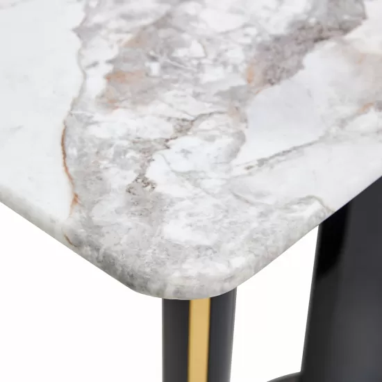 Modern minimalist rectangular dining table, white imitation marble tabletop, MDF table legs with gold metal decorative strips. Suitable for restaurant and living room F-HH Modern minimalist rectangular dining table, white imitation marble tabletop, MDF table legs with gold metal decorative strips. Suitable for restaurant and living room F-HH