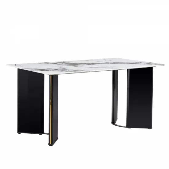 Modern minimalist rectangular dining table, white imitation marble tabletop, MDF table legs with gold metal decorative strips. Suitable for restaurant and living room F-HH Modern minimalist rectangular dining table, white imitation marble tabletop, MDF table legs with gold metal decorative strips. Suitable for restaurant and living room F-HH