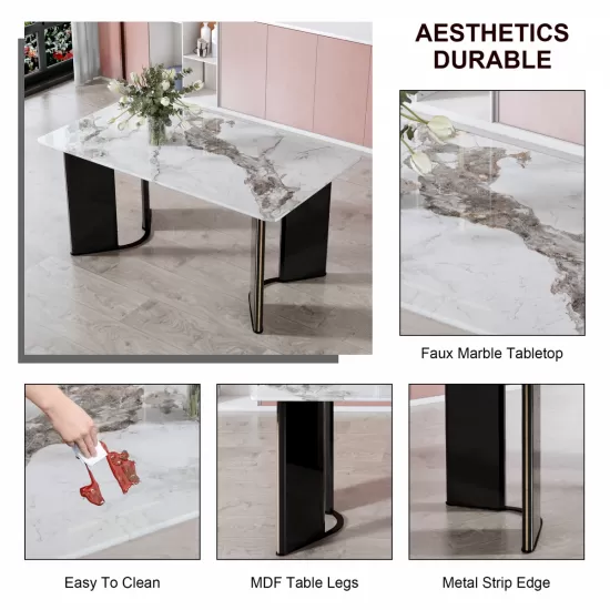 Modern minimalist rectangular dining table, white imitation marble tabletop, MDF table legs with gold metal decorative strips. Suitable for restaurant and living room F-HH Modern minimalist rectangular dining table, white imitation marble tabletop, MDF table legs with gold metal decorative strips. Suitable for restaurant and living room F-HH