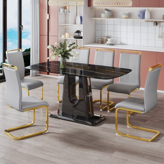 A modern, minimalist, and luxurious table. A black imitation marble tabletop with MDF U-shaped legs. Dining table, computer table. For restaurants and living rooms 63