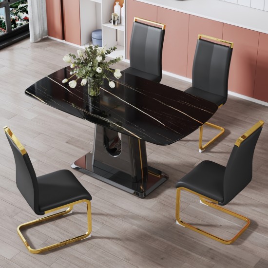 A modern, minimalist, and luxurious table. A black imitation marble tabletop with MDF U-shaped legs. Dining table, computer table. For restaurants and living rooms 63