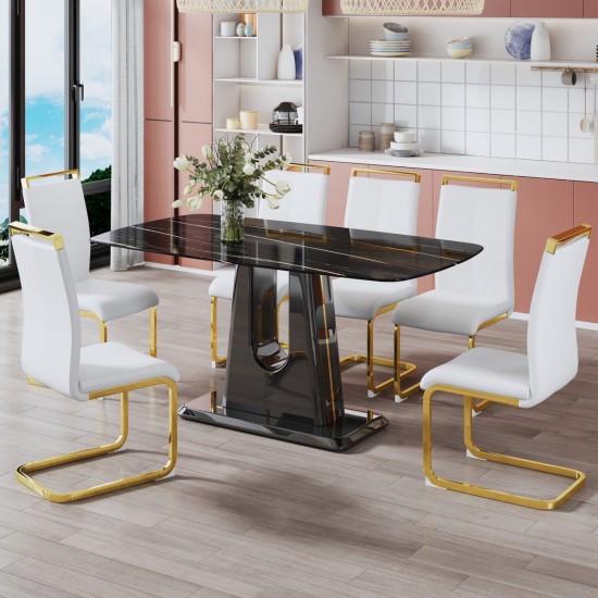 A modern, minimalist, and luxurious table. A black imitation marble tabletop with MDF U-shaped legs. Dining table, computer table. For restaurants and living rooms 63