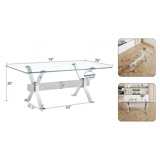 Dining table. Modern tempered glass dining table. Large modern office desk with silver plated metal legs and MDF crossbars, suitable for both home and office use. Kitchen. 79 ''x39''x30 '' 1105