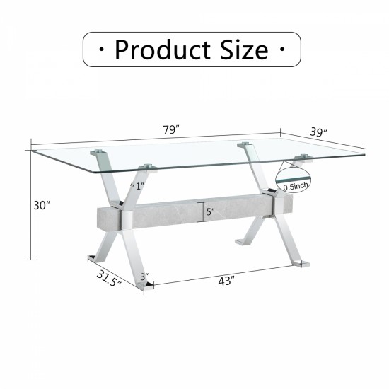 Dining table. Modern tempered glass dining table. Large modern office desk with silver plated metal legs and MDF crossbars, suitable for both home and office use. Kitchen. 79 ''x39''x30 '' 1105