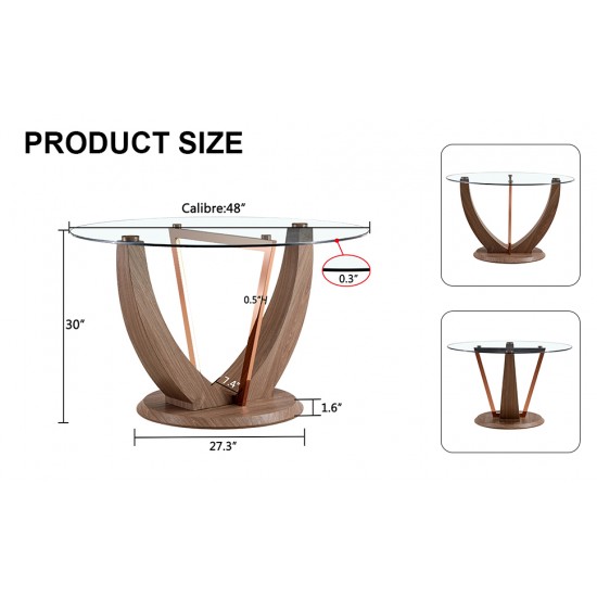 A modern minimalist circular tempered glass dining table with a diameter of 48 inches. Glass desktop+MDF wood texture table legs and base. 48 * 48 '' * 30 ''