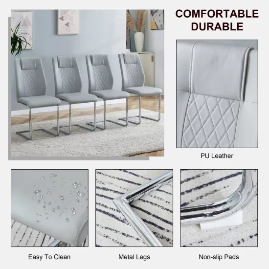 Equipped with faux leather cushioned seats - living room chairs with metal legs, suitable for kitchen, living room, bedroom, and dining room side chairs, set of 4 (light gray+PU Leather)C-001 Equipped with faux leather cushioned seats - living room chairs with metal legs, suitable for kitchen, living room, bedroom, and dining room side chairs, set of 4 (light gray+PU Leather)C-001