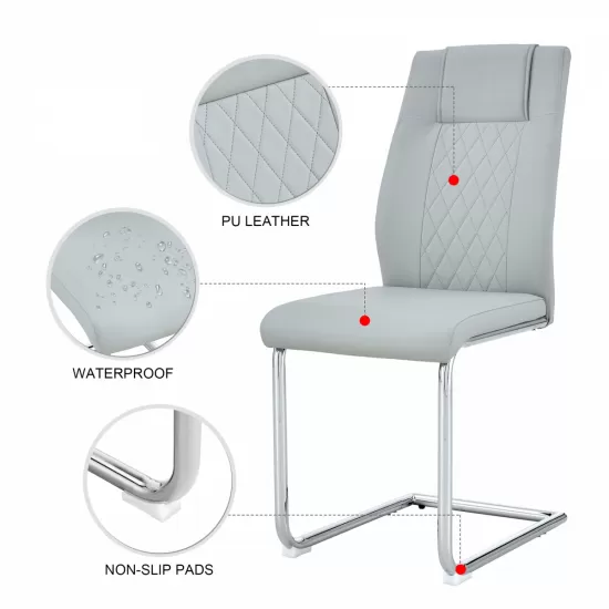 Equipped with faux leather cushioned seats - living room chairs with metal legs, suitable for kitchen, living room, bedroom, and dining room side chairs, set of 4 (light gray+PU Leather)C-001 Equipped with faux leather cushioned seats - living room chairs with metal legs, suitable for kitchen, living room, bedroom, and dining room side chairs, set of 4 (light gray+PU Leather)C-001