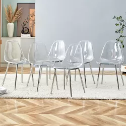 Modern minimalist transparent dining chair, plastic chair, armless crystal chair, Nordic creative makeup stool, negotiation chair, silver plated metal leg 6-piece set, TW-1200