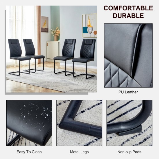 Artificial leather cushioned seats, dining chairs. Dining Room - Living Room Chair. Soft padded chair with metal legs, suitable for kitchen, living room, bedroom, dining room, set of 4 (black+PU )