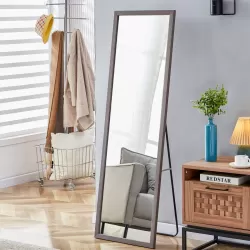 Third generation packaging upgrade, thickened frame, gray wood grain solid wood frame full-length mirror, dressing mirror, bedroom entrance, decorative mirror, floor standing mirror. 57.9 