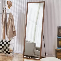 Third generation packaging upgrade, thickened border, brown wood grain solid wood frame full length mirror, dressing mirror, bedroom entrance, decorative mirror, and floor standing mirror.65