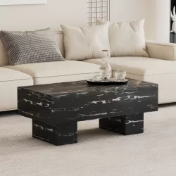 The black coffee table has patterns. Modern rectangular table, suitable for living rooms and apartments