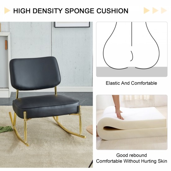 PU material cushioned rocking chair, unique rocking chair, cushioned seat, black backrest rocking chair, and gold metal legs. Comfortable side chairs in the living room, bedroom, and office