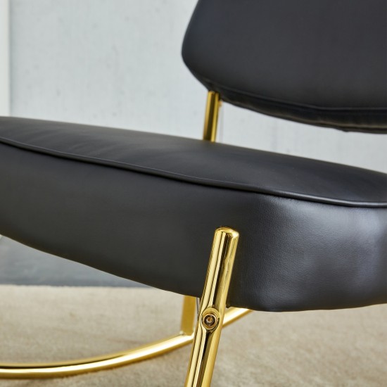 PU material cushioned rocking chair, unique rocking chair, cushioned seat, black backrest rocking chair, and gold metal legs. Comfortable side chairs in the living room, bedroom, and office