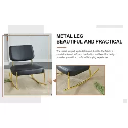 PU material cushioned rocking chair, unique rocking chair, cushioned seat, black backrest rocking chair, and gold metal legs. Comfortable side chairs in the living room, bedroom, and office PU material cushioned rocking chair, unique rocking chair, cushioned seat, black backrest rocking chair, and gold metal legs. Comfortable side chairs in the living room, bedroom, and office