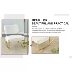 Teddy suede material cushioned rocking chair, unique rocking chair, cushioned seat, white rocking chair with backrest and golden metal legs. Comfortable side chairs in living room, bedroom, office Teddy suede material cushioned rocking chair, unique rocking chair, cushioned seat, white rocking chair with backrest and golden metal legs. Comfortable side chairs in living room, bedroom, office