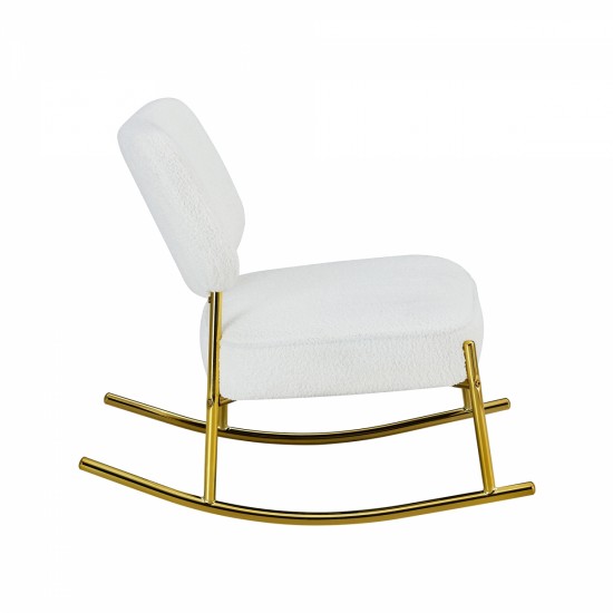 Teddy suede material cushioned rocking chair, unique rocking chair, cushioned seat, white rocking chair with backrest and golden metal legs. Comfortable side chairs in living room, bedroom, office