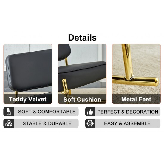 PU material cushioned rocking chair, unique rocking chair, cushioned seat, black backrest rocking chair, and gold metal legs. Comfortable side chairs in the living room, bedroom, and office