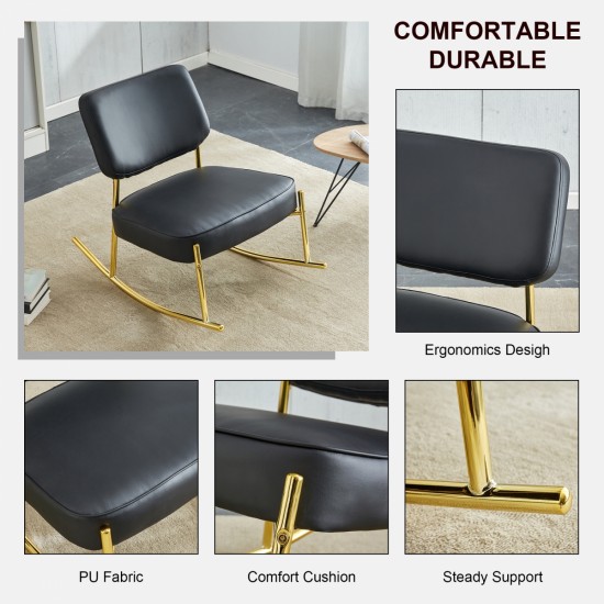 PU material cushioned rocking chair, unique rocking chair, cushioned seat, black backrest rocking chair, and gold metal legs. Comfortable side chairs in the living room, bedroom, and office