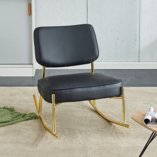 PU material cushioned rocking chair, unique rocking chair, cushioned seat, black backrest rocking chair, and gold metal legs. Comfortable side chairs in the living room, bedroom, and office