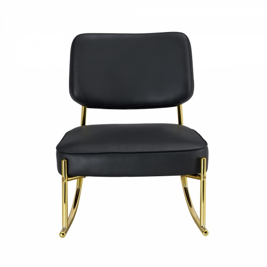 PU material cushioned rocking chair, unique rocking chair, cushioned seat, black backrest rocking chair, and gold metal legs. Comfortable side chairs in the living room, bedroom, and office