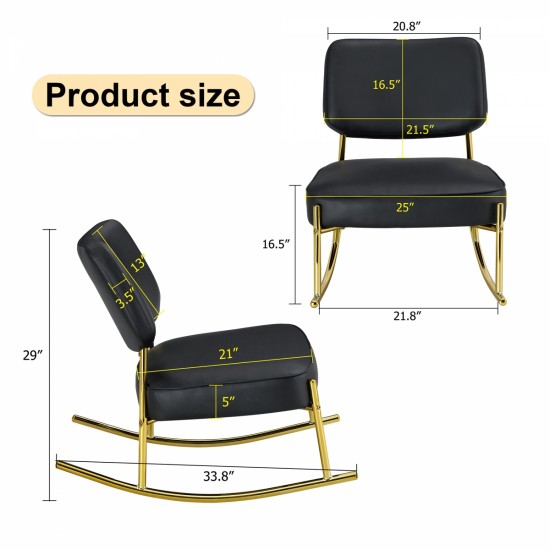 PU material cushioned rocking chair, unique rocking chair, cushioned seat, black backrest rocking chair, and gold metal legs. Comfortable side chairs in the living room, bedroom, and office