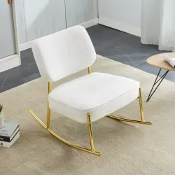 Teddy suede material cushioned rocking chair, unique rocking chair, cushioned seat, white rocking chair with backrest and golden metal legs. Comfortable side chairs in living room, bedroom, office Teddy suede material cushioned rocking chair, unique rocking chair, cushioned seat, white rocking chair with backrest and golden metal legs. Comfortable side chairs in living room, bedroom, office