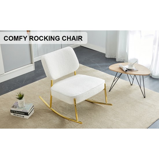 Teddy suede material cushioned rocking chair, unique rocking chair, cushioned seat, white rocking chair with backrest and golden metal legs. Comfortable side chairs in living room, bedroom, office