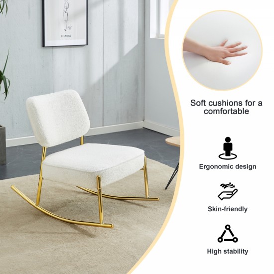 Teddy suede material cushioned rocking chair, unique rocking chair, cushioned seat, white rocking chair with backrest and golden metal legs. Comfortable side chairs in living room, bedroom, office