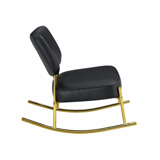 PU material cushioned rocking chair, unique rocking chair, cushioned seat, black backrest rocking chair, and gold metal legs. Comfortable side chairs in the living room, bedroom, and office