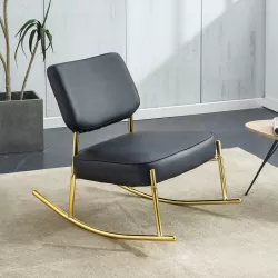 PU material cushioned rocking chair, unique rocking chair, cushioned seat, black backrest rocking chair, and gold metal legs. Comfortable side chairs in the living room, bedroom, and office PU material cushioned rocking chair, unique rocking chair, cushioned seat, black backrest rocking chair, and gold metal legs. Comfortable side chairs in the living room, bedroom, and office