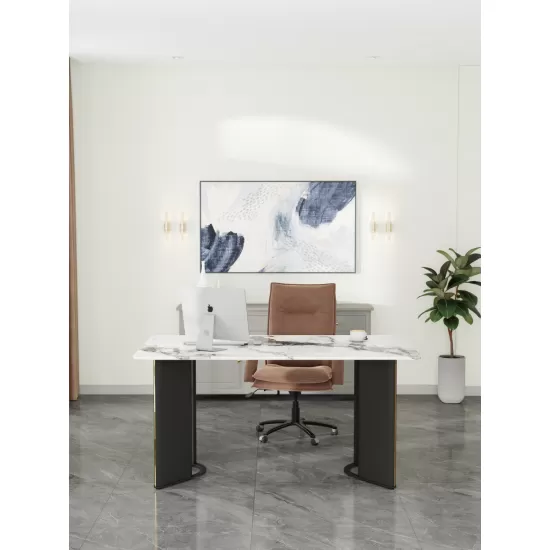 Modern minimalist rectangular dining table, white imitation marble tabletop, MDF table legs with gold metal decorative strips. Suitable for restaurant and living room F-HH Modern minimalist rectangular dining table, white imitation marble tabletop, MDF table legs with gold metal decorative strips. Suitable for restaurant and living room F-HH