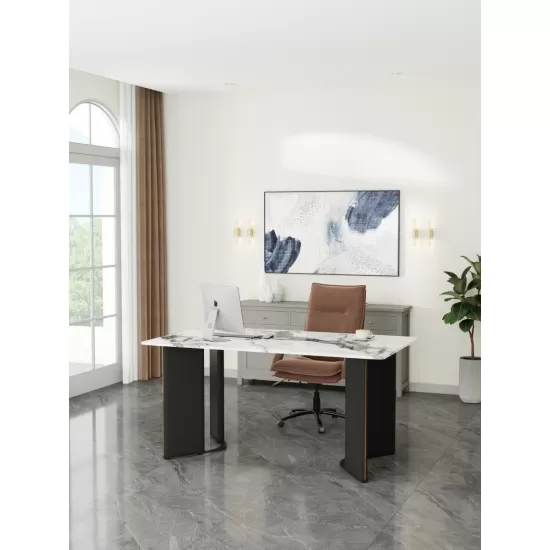 Modern minimalist rectangular dining table, white imitation marble tabletop, MDF table legs with gold metal decorative strips. Suitable for restaurant and living room F-HH Modern minimalist rectangular dining table, white imitation marble tabletop, MDF table legs with gold metal decorative strips. Suitable for restaurant and living room F-HH