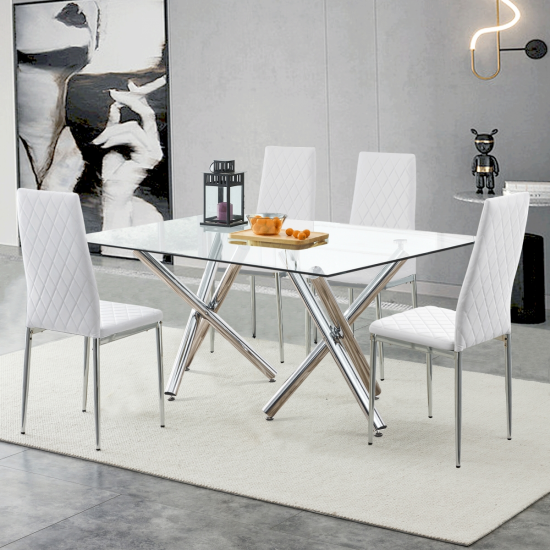 Grid armless high backrest dining chair, 4-piece set of silver metal legs white chair, office chair. Suitable for restaurants, living rooms, kitchens, and offices.W115162607  0924