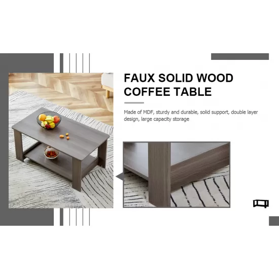 Modern minimalist gray wood grain double layered rectangular coffee table,tea table.MDF material is more durable,Suitable for living room, bedroom, and study room.19.6 Modern minimalist gray wood grain double layered rectangular coffee table,tea table.MDF material is more durable,Suitable for living room, bedroom, and study room.19.6
