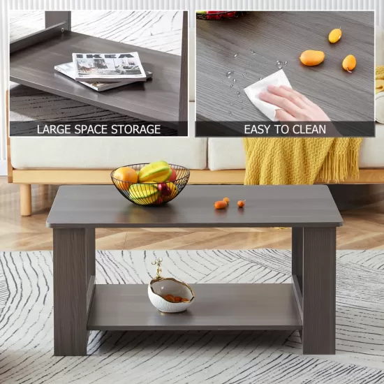 Modern minimalist gray wood grain double layered rectangular coffee table,tea table.MDF material is more durable,Suitable for living room, bedroom, and study room.19.6 Modern minimalist gray wood grain double layered rectangular coffee table,tea table.MDF material is more durable,Suitable for living room, bedroom, and study room.19.6