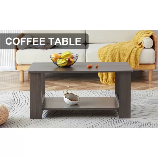 Modern minimalist gray wood grain double layered rectangular coffee table,tea table.MDF material is more durable,Suitable for living room, bedroom, and study room.19.6 Modern minimalist gray wood grain double layered rectangular coffee table,tea table.MDF material is more durable,Suitable for living room, bedroom, and study room.19.6