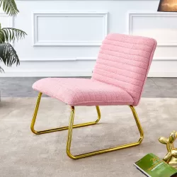 Modern minimalist pink plush fabric single person sofa chair with golden metal legs. Suitable for living room, bedroom, club, comfortable cushioned single person leisure sofa Modern minimalist pink plush fabric single person sofa chair with golden metal legs. Suitable for living room, bedroom, club, comfortable cushioned single person leisure sofa