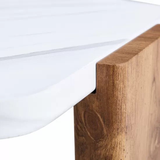 Modern practical MDF coffee table with white tabletop and wooden toned legs. Suitable for living rooms and guest rooms. Modern practical MDF coffee table with white tabletop and wooden toned legs. Suitable for living rooms and guest rooms.